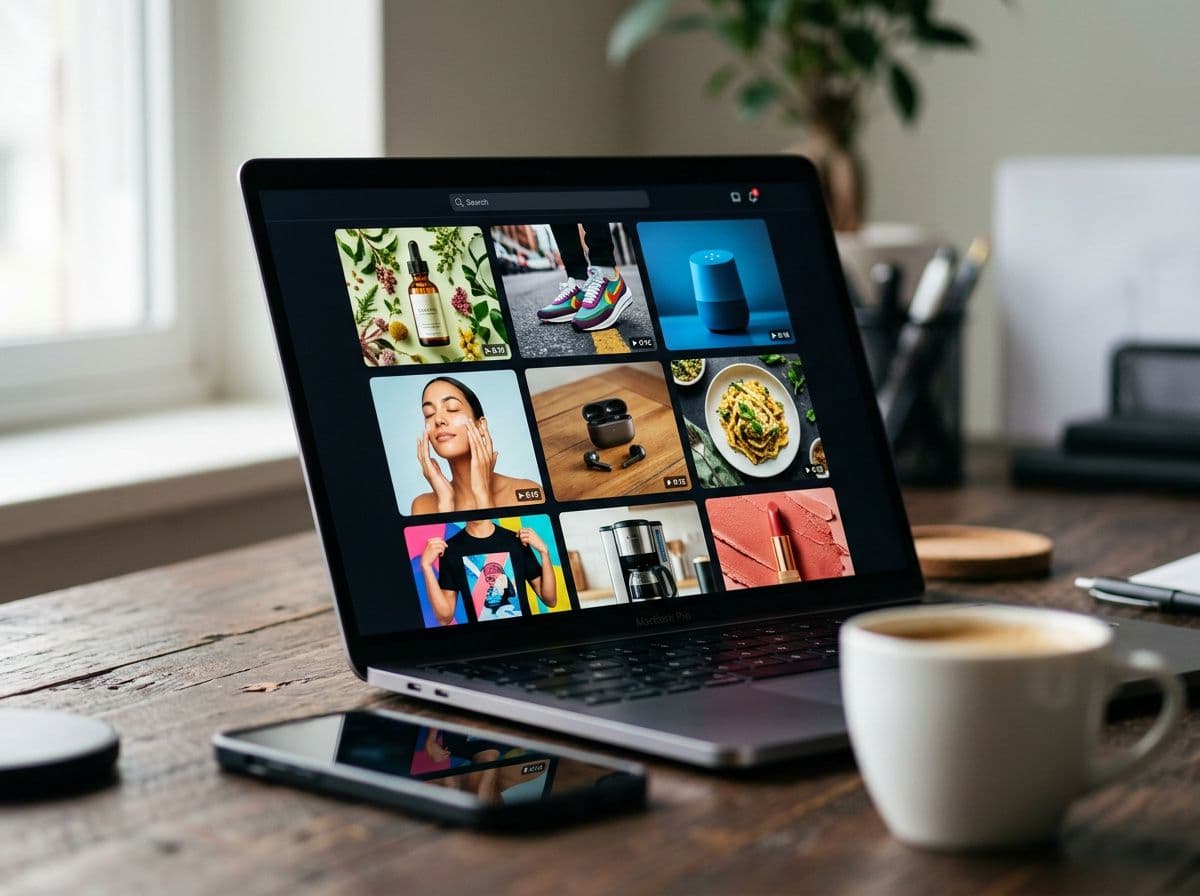 Close-up of a laptop screen displaying a 3x3 grid of vertical AI-generated ad thumbnails