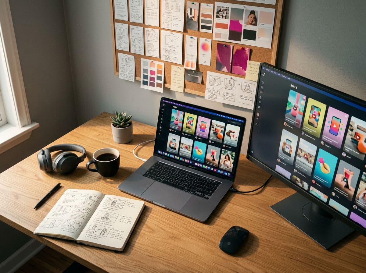 Minimalist creative workspace with laptops showing colourful vertical video ad thumbnails